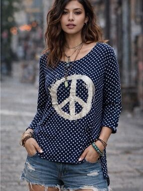 NWT MS Mad Style Navy Polka Dot Peace Sign Top | Boho Grunge Chic | Size Medium